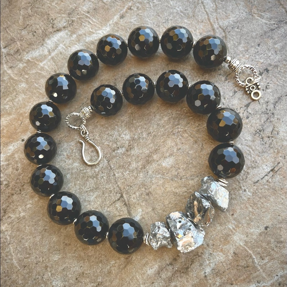 Bohemian Chic Necklace Faceted Black Agate and Silver Pyrite Chunky Raw Beads